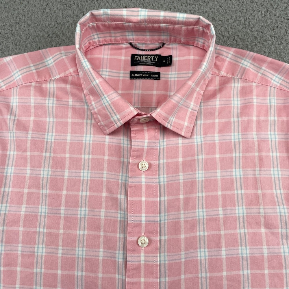 Faherty Button Down Shirt Mens M Pink Plaid The Movement Shirt Reserve Stretch